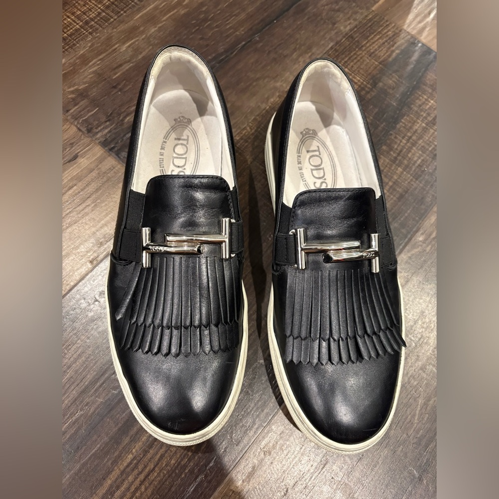 Tod's Black Leather Loafers with Silver Accent